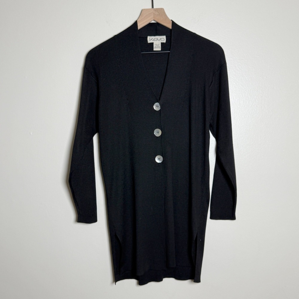 Kevo VTG Silk Longline Cardigan Sweater M Black V-Neck Pearl Buttons Office